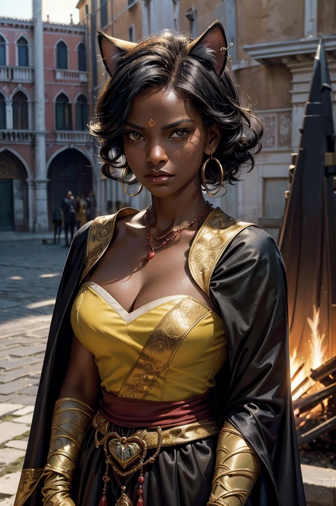 (masterpiece,stunning girlfriend, (standing:1.1), dynamic pose, heart shaped face, elegant face, beautiful face, highly detailed face, highres, masterpiece,best quality,original,extremely detailed CG,extremely detailed wallpaper,perfect lighting,looking at viewer,bare hands,1girl, SiennaKhan,short hair,black hair,animal ears,yellow eyes,cat ears,dark skin,dark-skinned female,gloves,jewelry,earrings,cape,facial mark,cleavage cutout,hoop earrings, standing, outside, dystopian future, venice, italy, gondola, (crowd in military uniforms), bonfires, closed mouth, serious look, serious expression, looking at viewer,