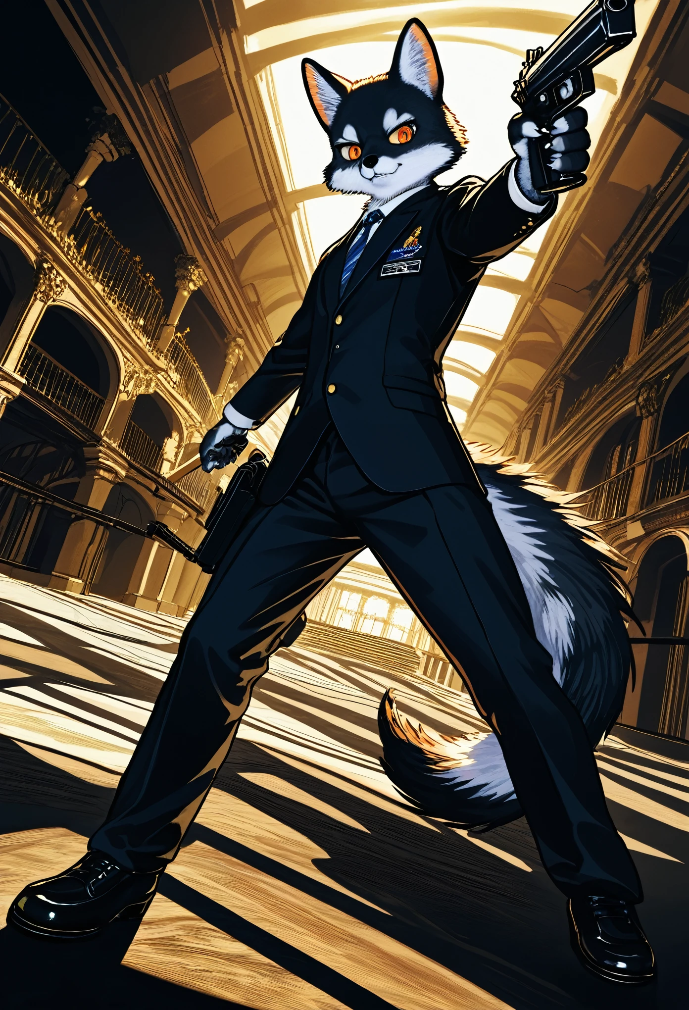 dynamic angle, top quality, best quality, High-quality illustrations, masterpiece, super high resolution, detailed background, detailed background, biohazard, Dim hotel hallway, gun fight, game package, absurdres(highly detailed beautiful face and eyes)perfect anatomy, expression, good lighting, cinematic shadow(kemono, furry anthro),