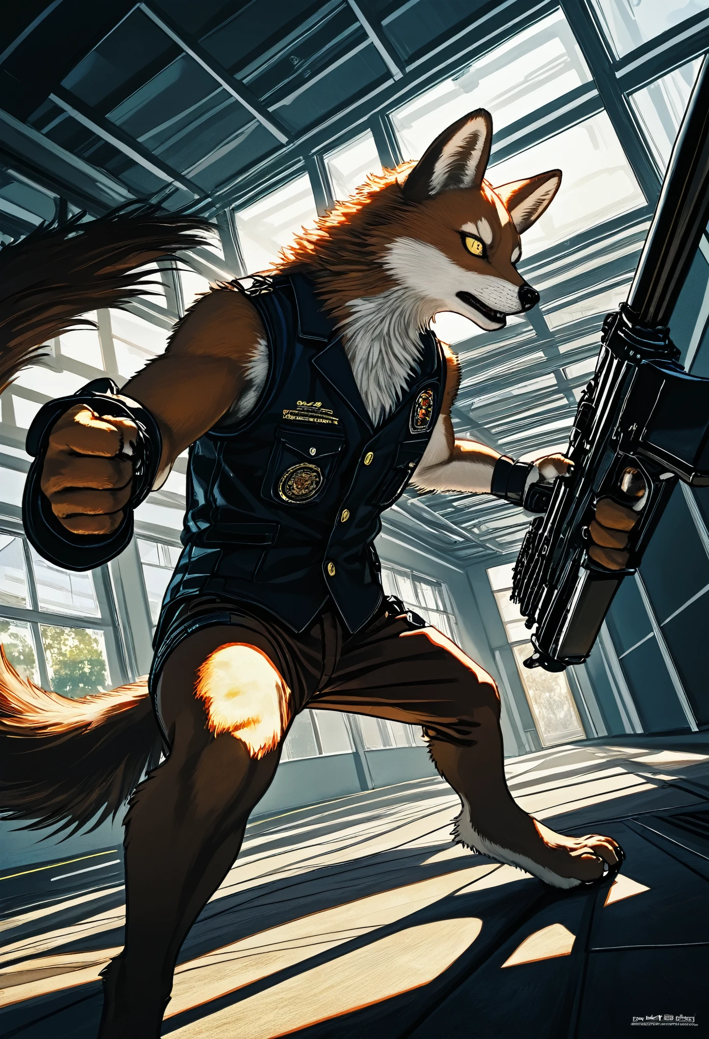 dynamic angle, top quality, best quality, High-quality illustrations, masterpiece, super high resolution, detailed background, detailed background, biohazard, Dim hotel hallway, gun fight, game package, absurdres(highly detailed beautiful face and eyes)perfect anatomy, expression, good lighting, cinematic shadow(kemono, furry anthro),