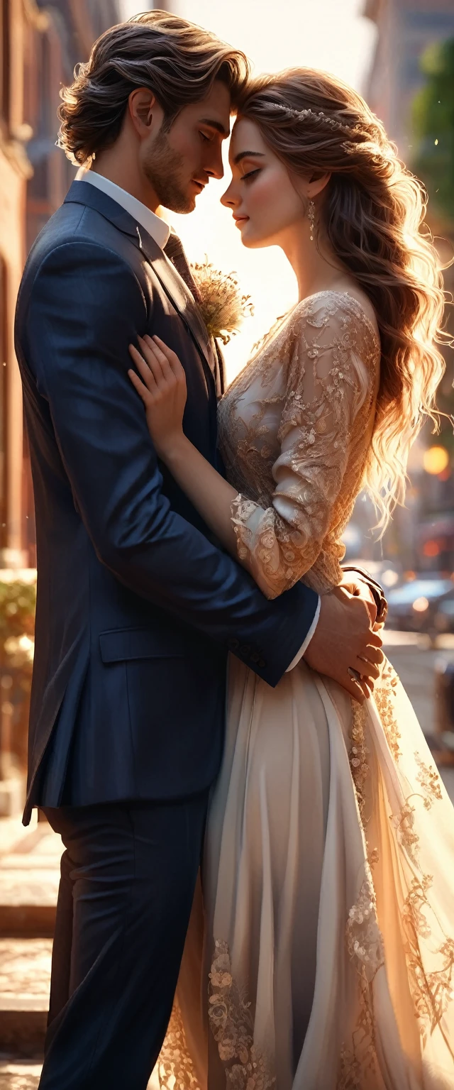 couple in love, photorealistic, 8k, highly detailed, cinematic lighting, romantic atmosphere, beautiful faces, intense eye contact, embracing, soft glowing skin, flowing hair, elegant poses, dramatic shadows, warm color palette, intricate details
