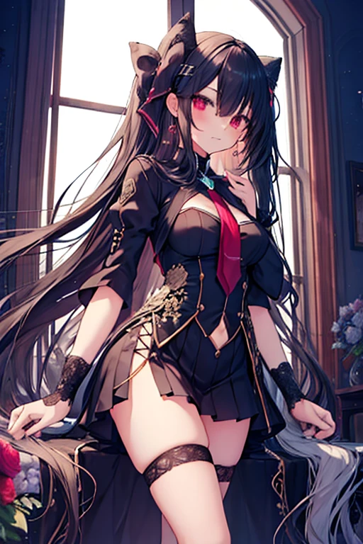 Highly detailed, long hair, yandere, perfect body. Perfect hands, sexy thighs, whole body. Few clothes show off skin.