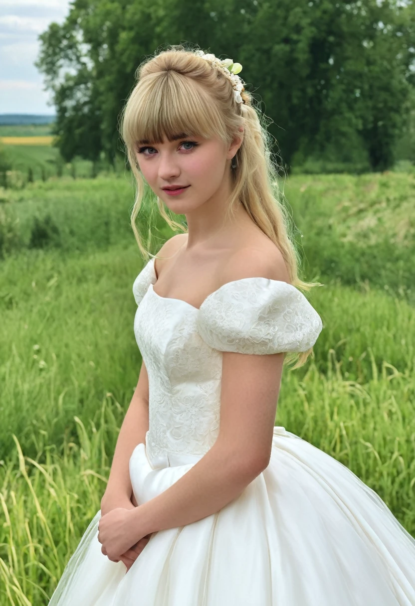 girl,16 years old,European countryside,blonde,Bangs Bangs,Pretty face,Wedding dress,thick and muscular arms