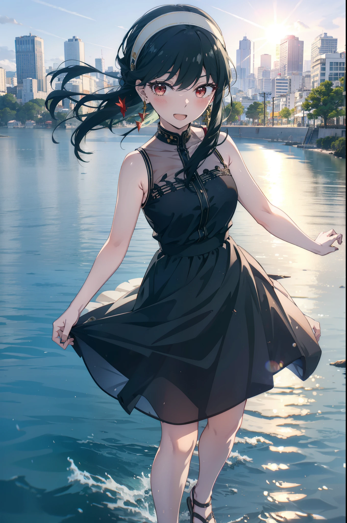 Your thorns, One girl, blush, Black Hair,Red eyes, hair band, jewelry, Earrings, happy smile, smile, Open your mouth, Black sleeveless dress,Bare arms,Long skirt,Cute Sandals,whole bodyがイラストに入るように,morning,morning陽,The sun is rising,
break looking at viewer,whole body,
break outdoors, city,construction area,Coastal Road,
break (masterpiece:1.2), highest quality, High resolution, unity 8k wallpaper, (shape:0.8), (Beautiful details:1.6), Highly detailed face, Perfect lighting, Extremely detailed CG, (Perfect hands, Perfect Anatomy),