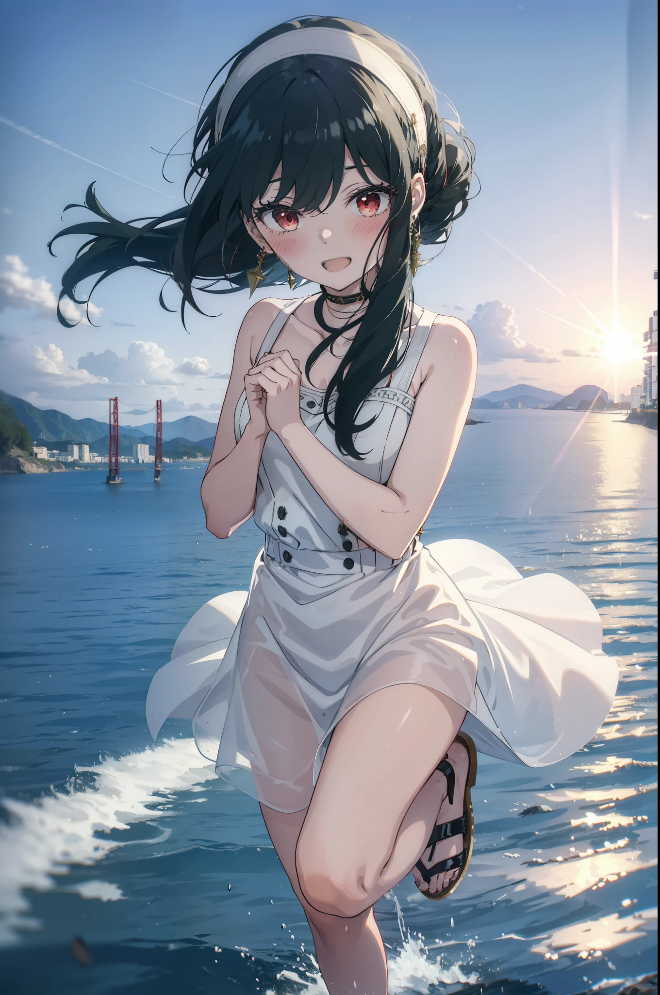 Your thorns, One girl, blush, Black Hair,Red eyes, hair band, jewelry, Earrings, happy smile, smile, Open your mouth, Black sleeveless dress,Bare arms,Long skirt,Cute Sandals,whole bodyがイラストに入るように,morning,morning陽,The sun is rising,
break looking at viewer,whole body,
break outdoors, city,construction area,Coastal Road,
break (masterpiece:1.2), highest quality, High resolution, unity 8k wallpaper, (shape:0.8), (Beautiful details:1.6), Highly detailed face, Perfect lighting, Extremely detailed CG, (Perfect hands, Perfect Anatomy),
