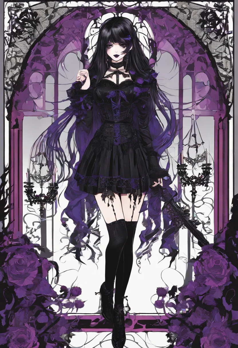 1girl, long black hair with purple streaks, cross earrings, graphic t-shirt, full body, fishnet stockings, blue eyes, black lips, black choker, platfoom black heels, grey mini skirt