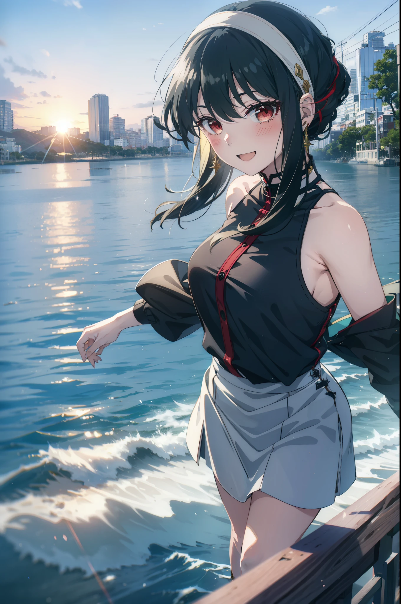 Your thorns, One girl, blush, Black Hair,Red eyes, hair band, jewelry, Earrings, happy smile, smile, Open your mouth, Black sleeveless dress,Bare arms,Long skirt,Cute Sandals,whole bodyがイラストに入るように,morning,morning陽,The sun is rising,
break looking at viewer,whole body,
break outdoors, city,construction area,Coastal Road,
break (masterpiece:1.2), highest quality, High resolution, unity 8k wallpaper, (shape:0.8), (Beautiful details:1.6), Highly detailed face, Perfect lighting, Extremely detailed CG, (Perfect hands, Perfect Anatomy),