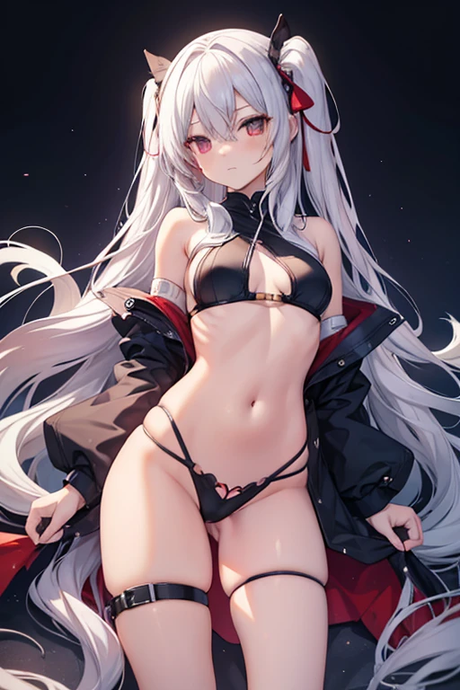 Highly detailed, long hair, yandere, perfect body. Perfect hands, sexy thighs, whole body. Minimal clothing showing off skin, showing off her stomach, leg straps.