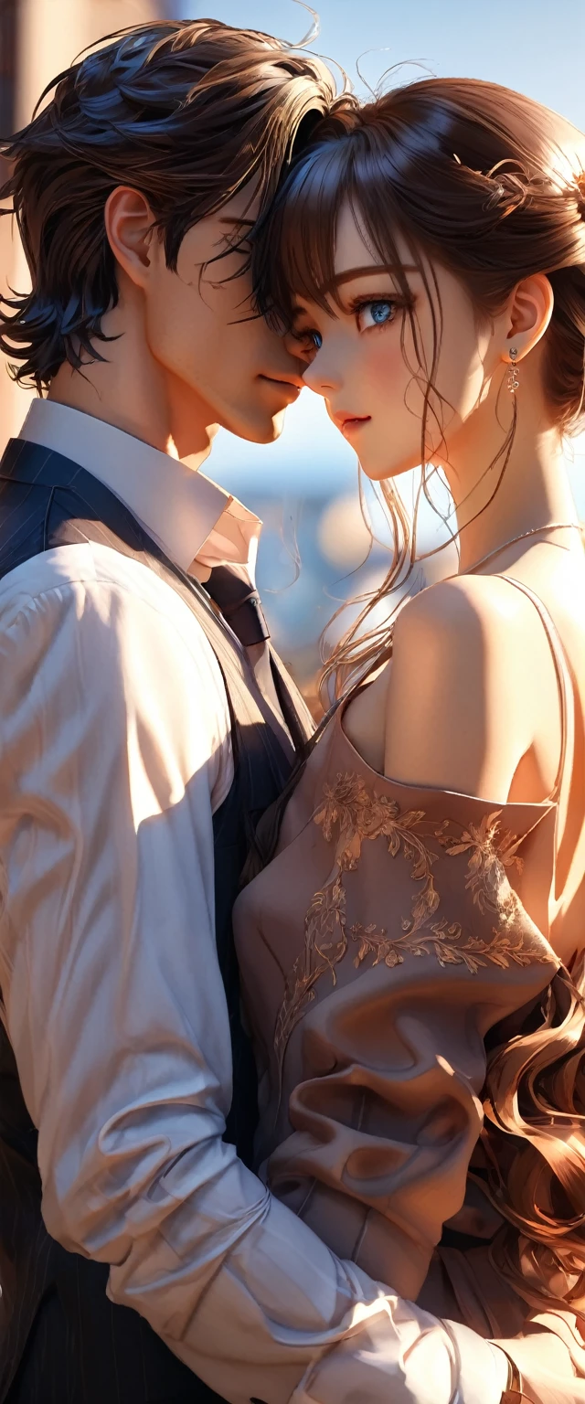 ((anime:1.5)),couple in love, photorealistic, 8k, highly detailed, cinematic lighting, romantic atmosphere, beautiful faces, intense eye contact, embracing, soft glowing skin, flowing hair, elegant poses, dramatic shadows, warm color palette, intricate details