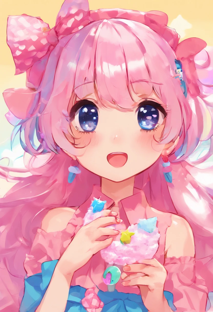 1girl, hair over one eye, short blue hair, pink eyes, holding cotton candy stick, short pink dress, open mouth, tiny sharp teeth