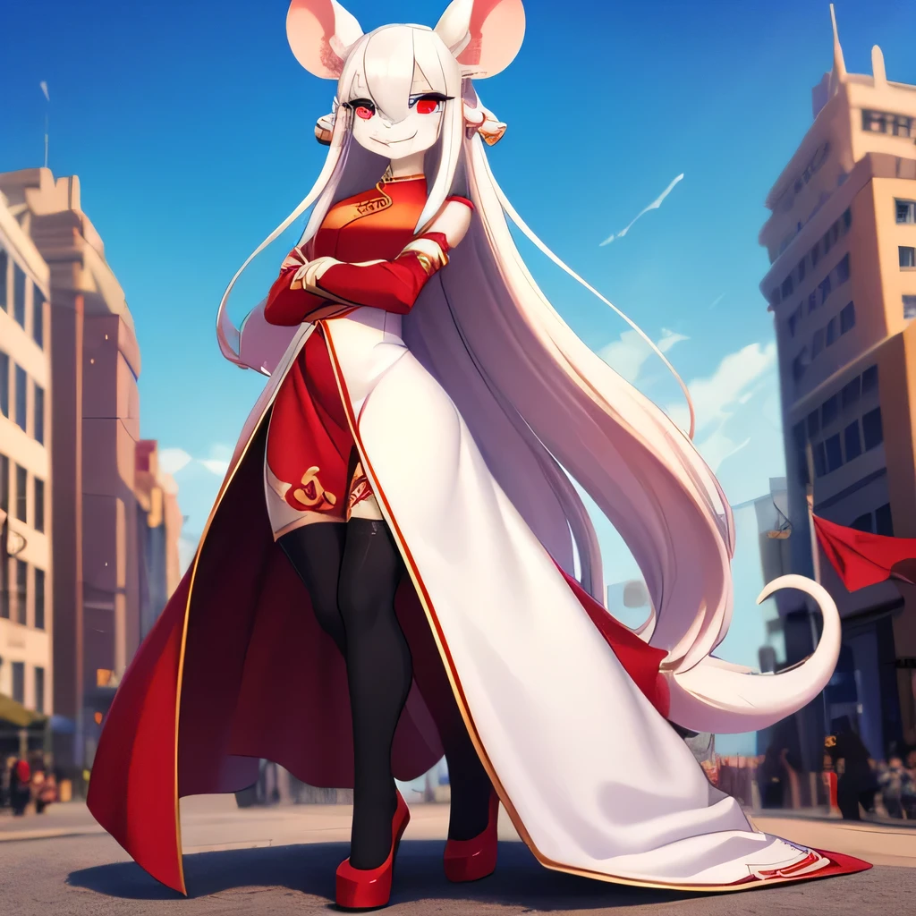 Arms crossed and chest lifted,Tall woman,White mouse ears,White wavy long hair,Red Eye,Grin,Full body low angle shot,Coccyx to Rat Tail,Red Chinese style gown showing legs,Black tights,Clear afternoon sky,In the city,many photographers