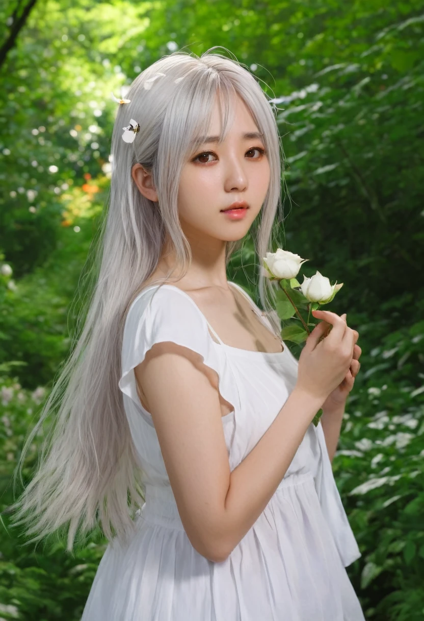 One girl, alone, flower, Long white hair, Ultra-realistic, Top Lighting Rendering,Green Forest Park, Holding, holding flower, Brown Hair, View Lens, The background is blurred, Mole under the eye, Blurred, Kuroko, Upper body, Brown eyes, 枝のflower, 頭に繊細で美しいflower輪を着けましょう, lips, White Rose, ,Enjoy the afternoon sun,8K Raw Photos, Butterflies around the body, Dream Baby, ((There's a little snow on my nose)), Giwo, Cute smile