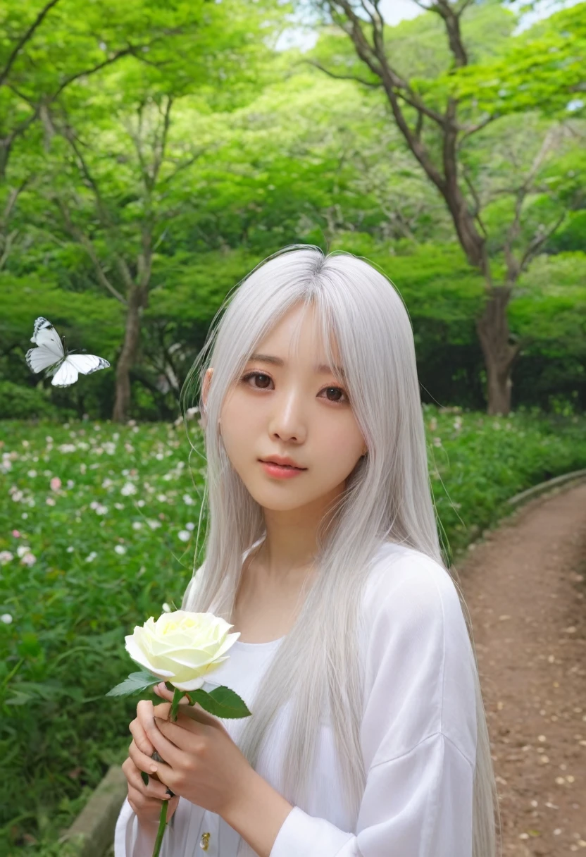 One girl, alone, flower, Long white hair, Ultra-realistic, Top Lighting Rendering,Green Forest Park, Holding, holding flower, Brown Hair, View Lens, The background is blurred, Mole under the eye, Blurred, Kuroko, Upper body, Brown eyes, 枝のflower, 頭に繊細で美しいflower輪を着けましょう, lips, White Rose, ,Enjoy the afternoon sun,8K Raw Photos, Butterflies around the body, Dream Baby, ((There's a little snow on my nose)), Giwo, Cute smile