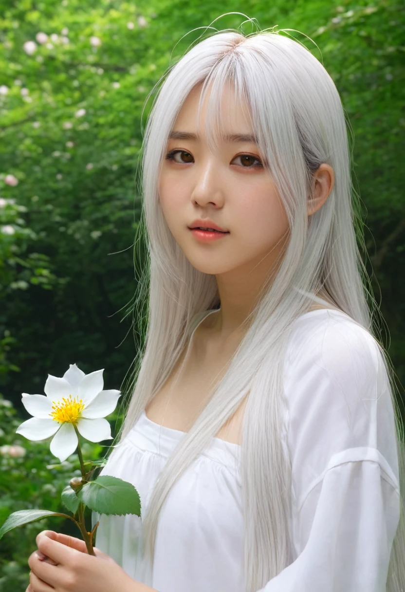 One girl, alone, flower, Long white hair, Ultra-realistic, Top Lighting Rendering,Green Forest Park, Holding, holding flower, Brown Hair, View Lens, The background is blurred, Mole under the eye, Blurred, Kuroko, Upper body, Brown eyes, 枝のflower, 頭に繊細で美しいflower輪を着けましょう, lips, White Rose, ,Enjoy the afternoon sun,8K Raw Photos, Butterflies around the body, Dream Baby, ((There's a little snow on my nose)), Giwo, Cute smile