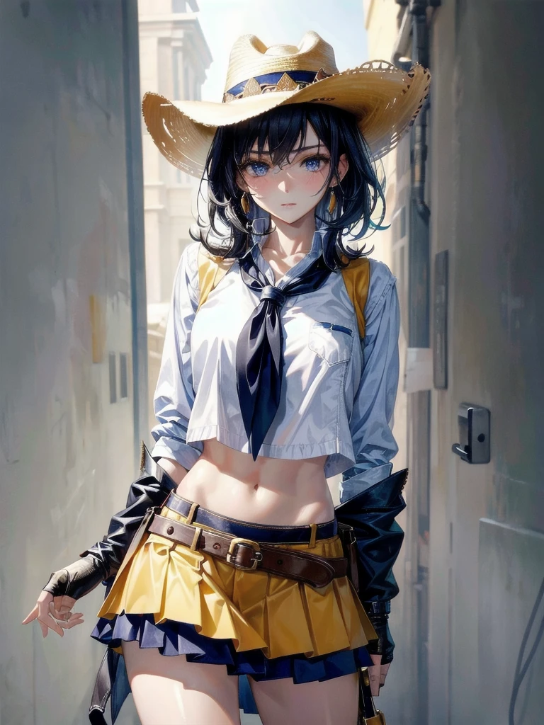 cowgirl costume, vest, cowboy hat, fingerless gloves, midriff, neckerchief, short skirt, holster, absurdres, RAW photo, extremely delicate and beautiful, masterpiece, Best Quality, ultra high resolution, 32k, hyperrealistic, ultra-detailed, detailed description, pale skin, 20 years old, tearful mole, earring, short medium hair, wavy hair, whole body shot,