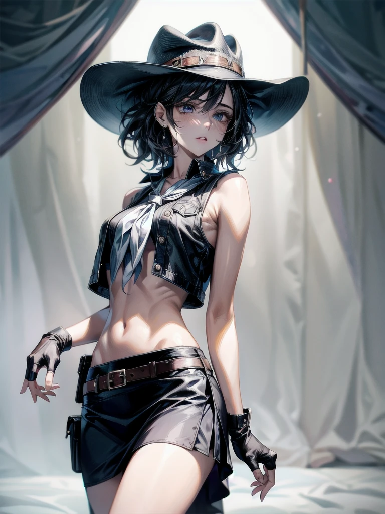 cowgirl costume, vest, cowboy hat, fingerless gloves, midriff, neckerchief, short skirt, holster, absurdres, RAW photo, extremely delicate and beautiful, masterpiece, Best Quality, ultra high resolution, 32k, hyperrealistic, ultra-detailed, detailed description, pale skin, 20 years old, tearful mole, earring, short medium hair, wavy hair, whole body shot,