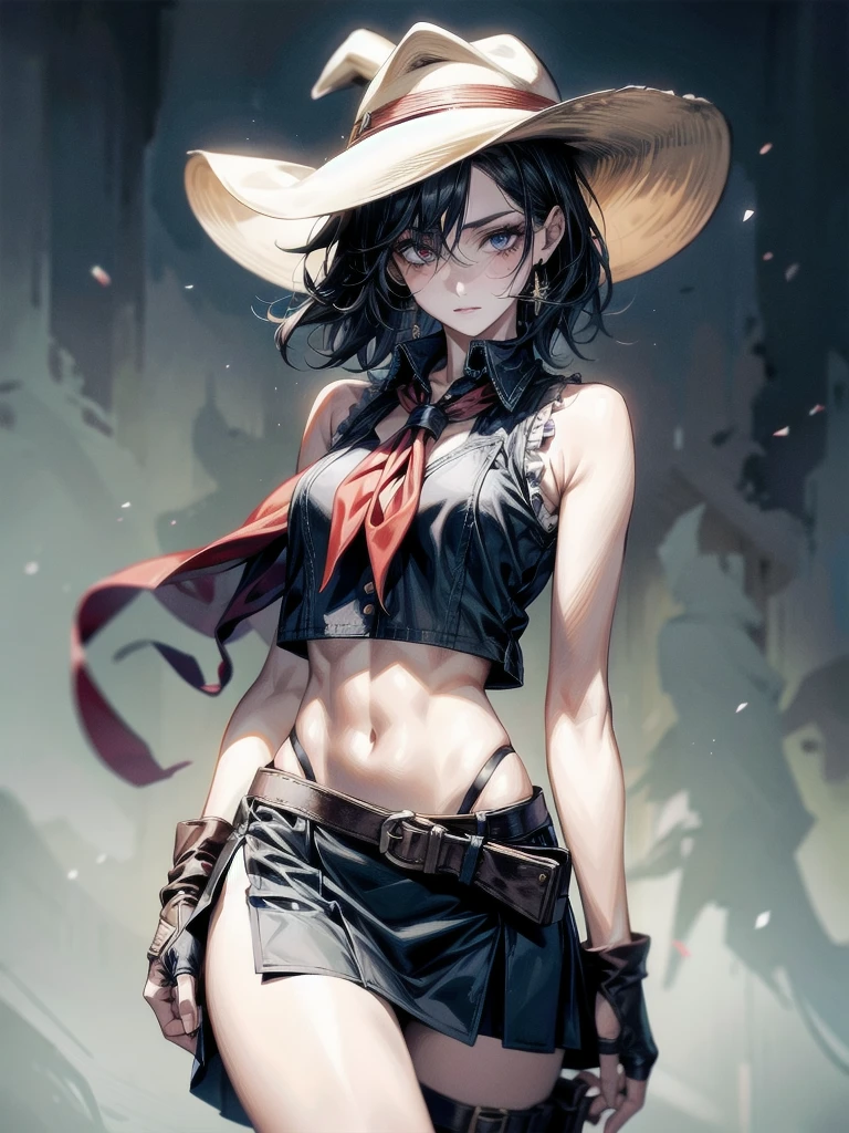 cowgirl costume, vest, cowboy hat, fingerless gloves, midriff, neckerchief, short skirt, holster, absurdres, RAW photo, extremely delicate and beautiful, masterpiece, Best Quality, ultra high resolution, 32k, hyperrealistic, ultra-detailed, detailed description, pale skin, 20 years old, tearful mole, earring, short medium hair, wavy hair, whole body shot,