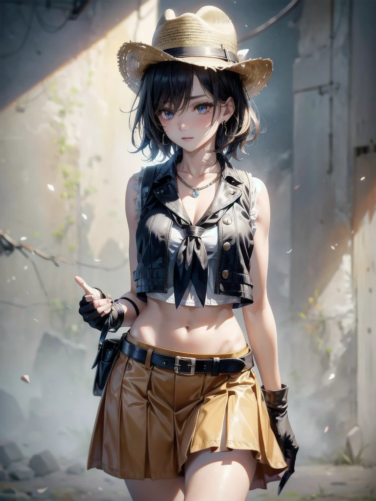 cowgirl costume, vest, cowboy hat, fingerless gloves, midriff, neckerchief, short skirt, holster, absurdres, RAW photo, extremely delicate and beautiful, masterpiece, Best Quality, ultra high resolution, 32k, hyperrealistic, ultra-detailed, detailed description, pale skin, 20 years old, tearful mole, earring, short medium hair, wavy hair, whole body shot,