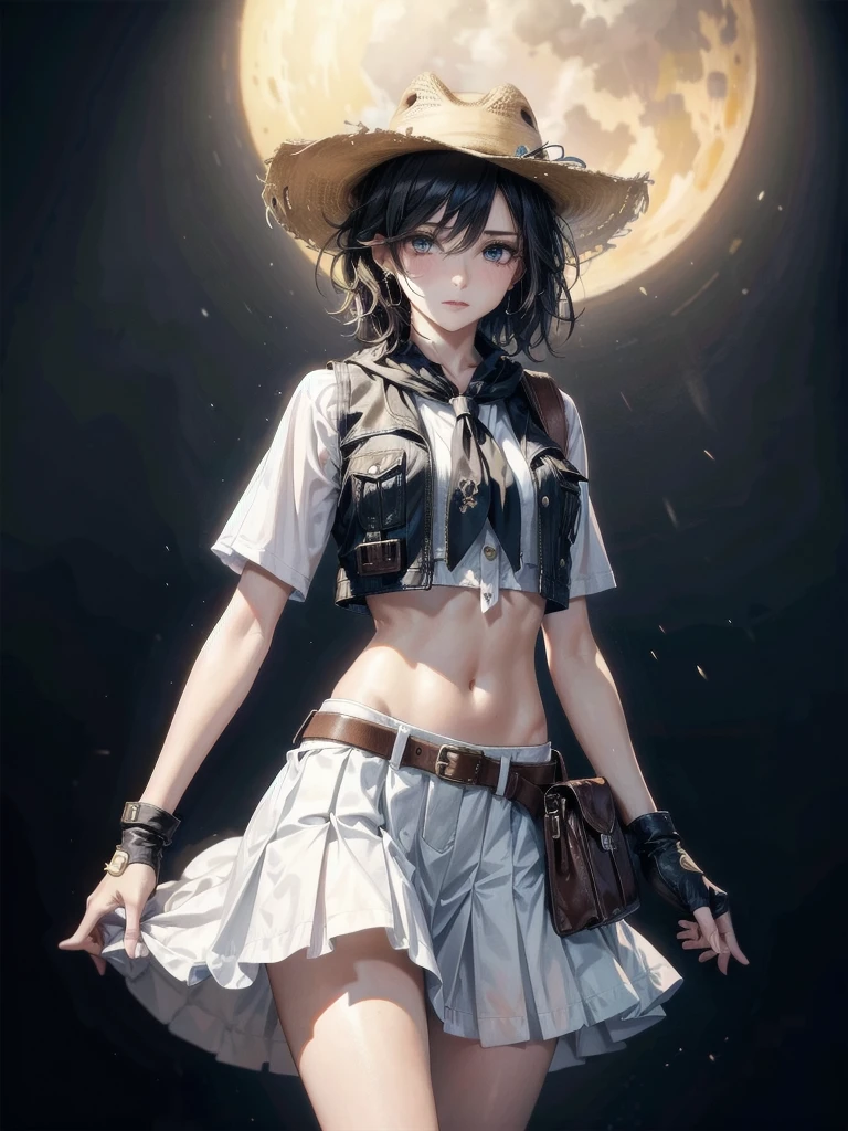 cowgirl costume, vest, cowboy hat, fingerless gloves, midriff, neckerchief, short skirt, holster, absurdres, RAW photo, extremely delicate and beautiful, masterpiece, Best Quality, ultra high resolution, 32k, hyperrealistic, ultra-detailed, detailed description, pale skin, 20 years old, tearful mole, earring, short medium hair, wavy hair, whole body shot,
