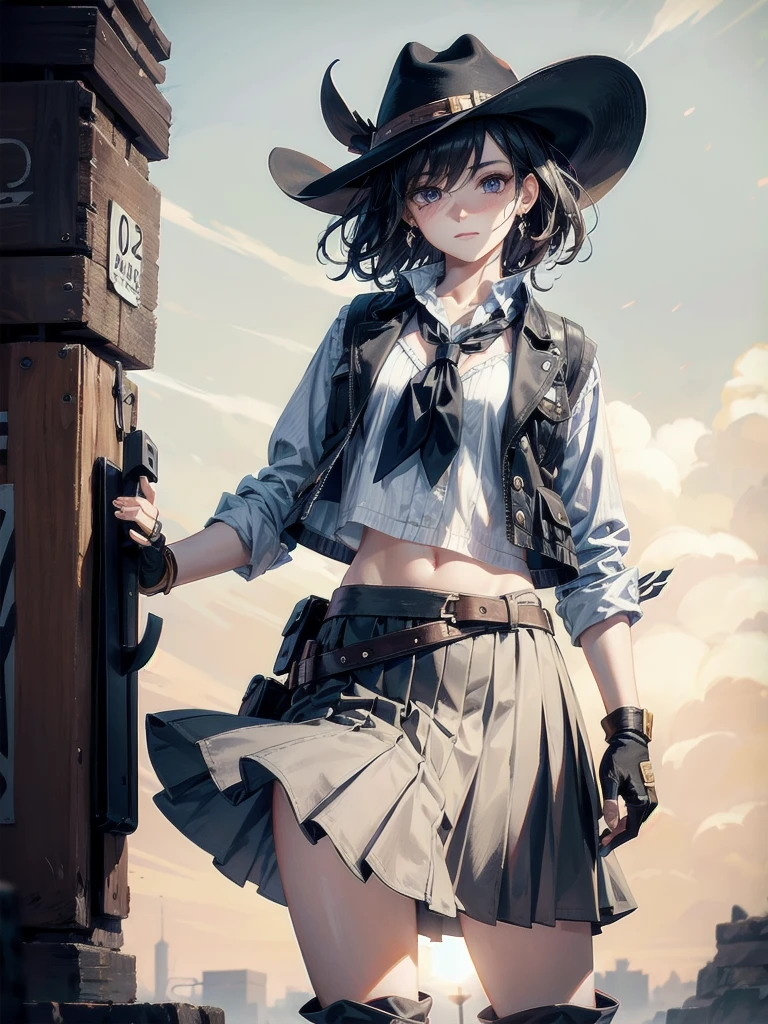 cowgirl costume, vest, cowboy hat, fingerless gloves, midriff, neckerchief, short skirt, holster, absurdres, RAW photo, extremely delicate and beautiful, masterpiece, Best Quality, ultra high resolution, 32k, hyperrealistic, ultra-detailed, detailed description, pale skin, 20 years old, tearful mole, earring, short medium hair, wavy hair, whole body shot,