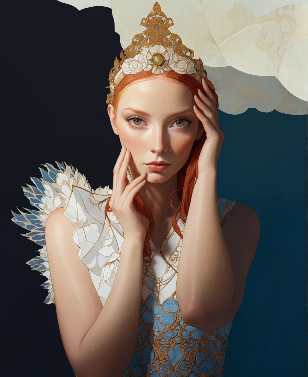Close-up of a woman with red hair and a golden background, reine nordique, Inspired by James Christensen, art nouveau , inspired by James C. Christensen, style Gustav Klimt, une belle fantastique, Ancient goddess , inspired by Tosa Mitsunobu, inspired by Edo Murtić