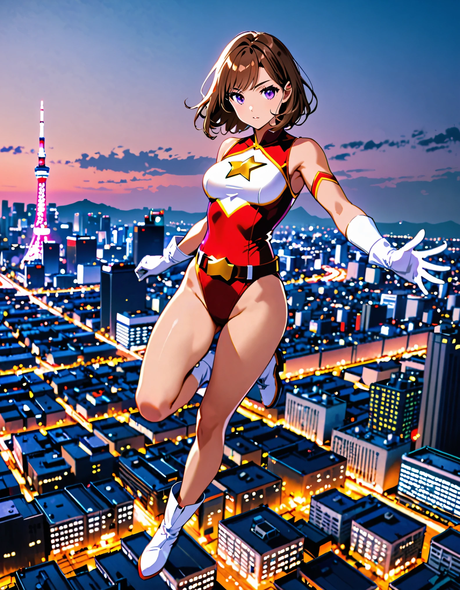 (masterpiece), (best quality), (high res), medium breasts, ((leotard, white and red leotard, matching leotard, sleeveless, bare legs)), ((tight belt, gold belt)), ((boots, matching boots, ankle-high boots, white boots)), ((gloves, white gloves)), city backdrop, tokyo city backdrop, solo, single, floating, hovering, legs straight, (full body), cowboy shot, superhero, ((beautiful detailed eyes)), ((gold star symbol on chest)), (brown hair, medium hair, bob hair, purple eyes), (perfect hands, perfect anatomy), cowboy shot, superhero, ((beautiful detailed eyes)), using her powers, full body costume design.