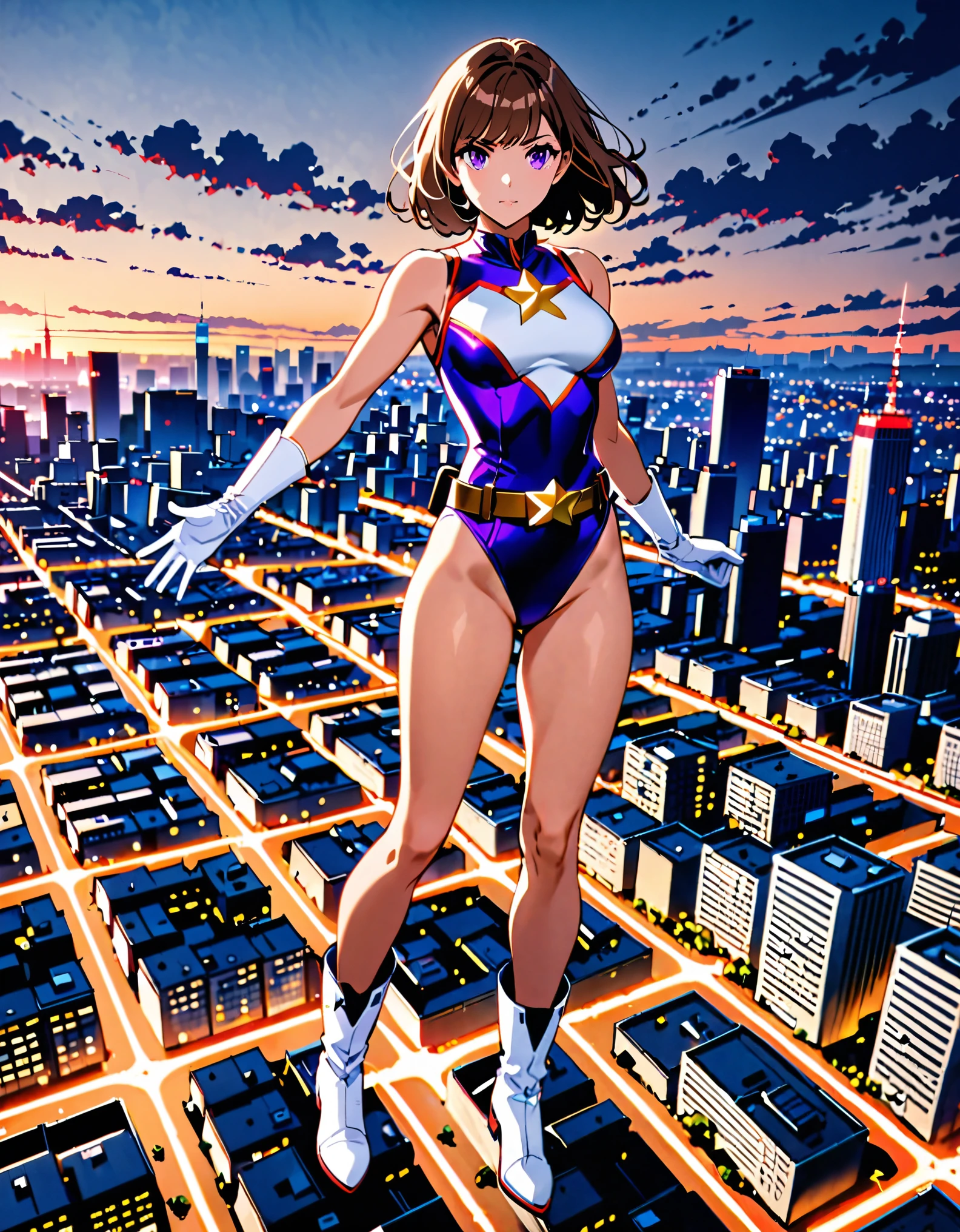 (masterpiece), (best quality), (high res), medium breasts, ((leotard, white and red leotard, matching leotard, sleeveless, bare legs)), ((tight belt, gold belt)), ((boots, matching boots, ankle-high boots, white boots)), ((gloves, white gloves)), city backdrop, tokyo city backdrop, solo, single, floating, hovering, legs straight, (full body), cowboy shot, superhero, ((beautiful detailed eyes)), ((gold star symbol on chest)), (brown hair, medium hair, bob hair, purple eyes), (perfect hands, perfect anatomy), cowboy shot, superhero, ((beautiful detailed eyes)), using her powers, full body costume design.