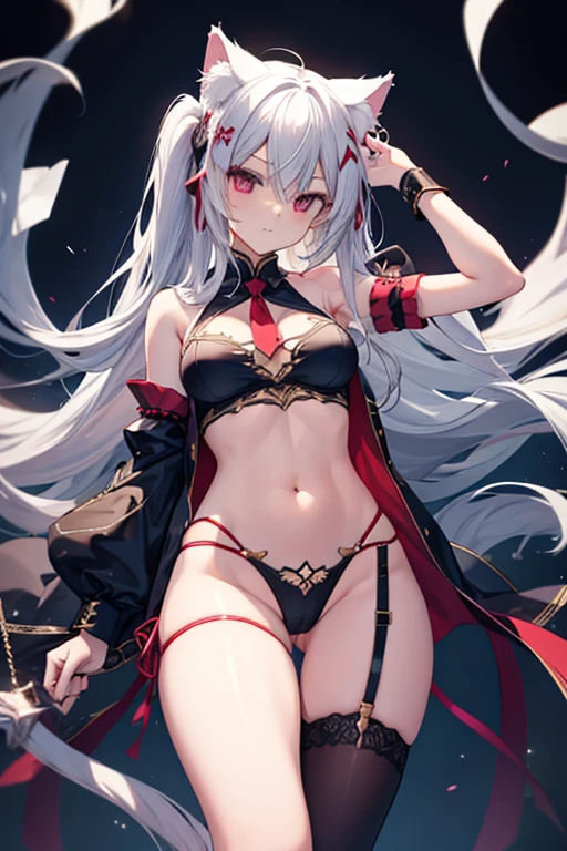Highly detailed, long hair, yandere, perfect body. Perfect hands, sexy thighs, whole body. Minimal clothing showing off skin, showing off her stomach, ornate leg straps, and cat ears.