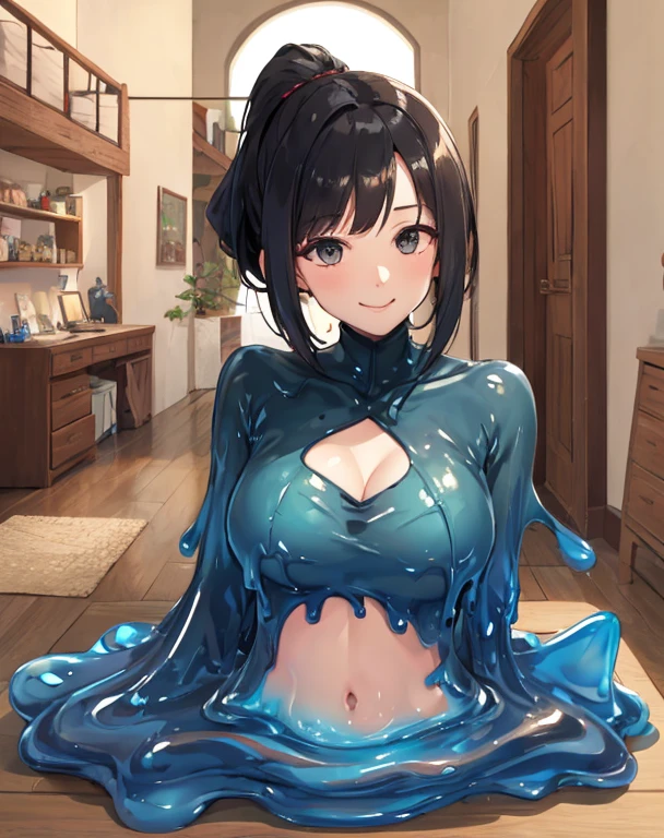 high quality,Two 40-year-old women,Delicate face,HD, underwear,Perfect body,Black Slime Shapeshifter,(Chest:2.0),Short hair ponytail,Smile