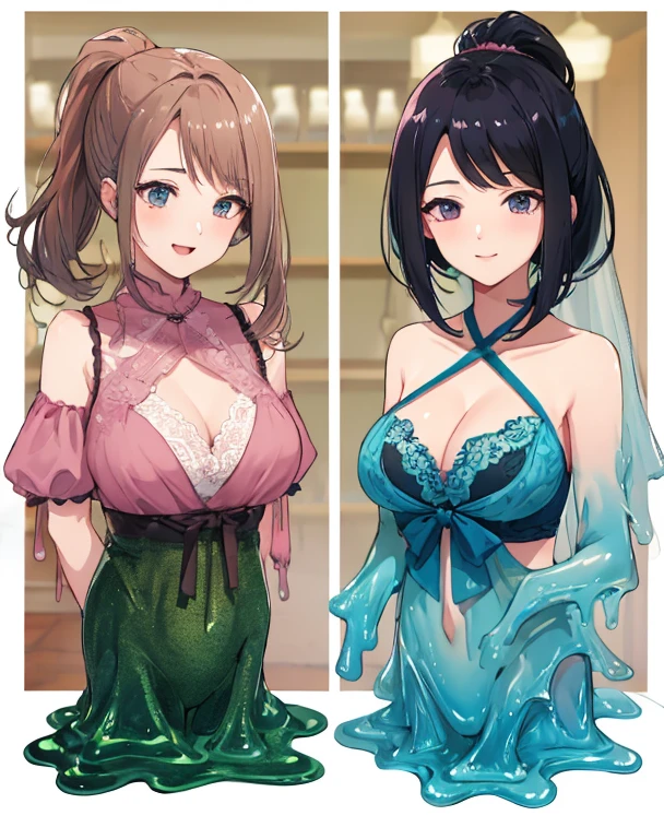high quality,Two 40-year-old women,Delicate face,HD, underwear,Perfect body,Black Slime Shapeshifter,(Chest:2.0),Short hair ponytail,Smile
