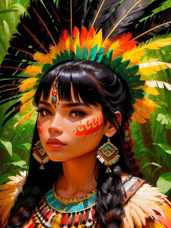 8k, digital painting, Comic Babes, feathered woman with feathers and headdress in a forest, Aztec princess portrait, Amazonian indigenous people in Brazil, portrait of a young Pocahontas girl, Amazonian, traditional beauty, Aztec queen, in oil painting style, pocahontas portrait, tribal face paintings, 4k color photo portrait, stunning digital painting, digital painting, girl with feathers