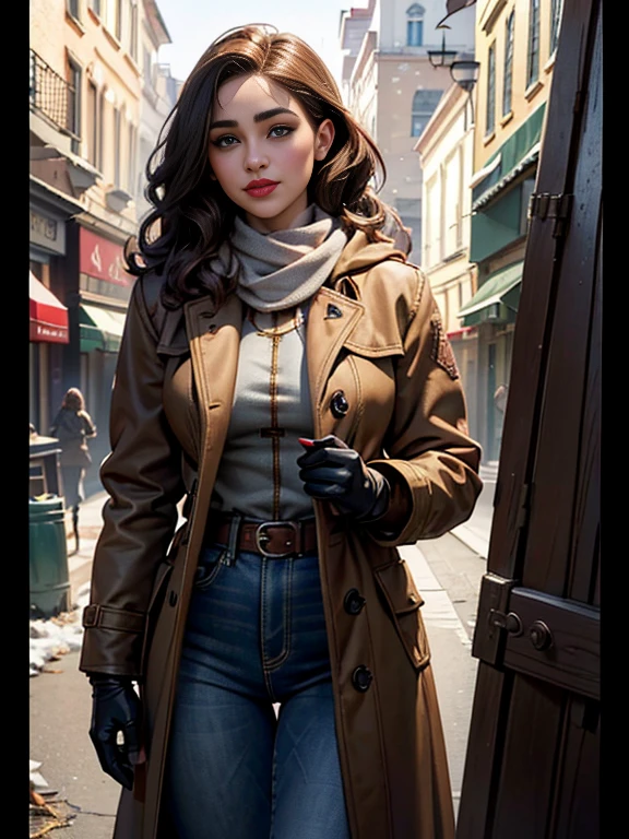 Emilia Clarke、(masterpiece:1.0)、(highest quality:1.2)、(Dark Shot:1.3)、Classic Rogue、1991 Rogue X-Men、1 girl、Only one person、Head to Toe、standing on street corner、Elegant pose、(clothing: Brown winter coat、Brown hood、Down lining、White scarf、gloves、jeans) Medium Hair、Brown Hair、Wavy Hair、1 grey hair、Green Eyeischievous look、Grin、Spread your lips、Red lipstick、Heavy makeup、Confident expression、Backlight、(realism: 1.5)、(realism: 1.4)、(Messy: 1.4)、8k、Very detailed、Detailed beautiful woman、(background: midnight、It&#39;s snowing、Downtown New York、Snowy Night)、Official Art、Very detailedな CG Unity 8k 壁紙、Perfect lighting、colorful、超High resolution、photograph、8k、High resolution、Kodak Portrait 400、Film Grain、ぼやけたbackground、(Bokeh:1.2)、(Bright colors:1.2)、Film Grain:1.2、(warm color、warm colorトーン:1.2)、(カラーphotograph)、プロのphotograph
