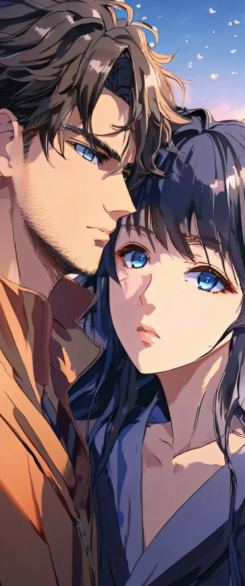((anime:1.5)),couple in love, photorealistic, 8k, highly detailed, cinematic lighting, romantic atmosphere, beautiful faces, intense eye contact, embracing, soft glowing skin, flowing hair, elegant poses, dramatic shadows, warm color palette, intricate details