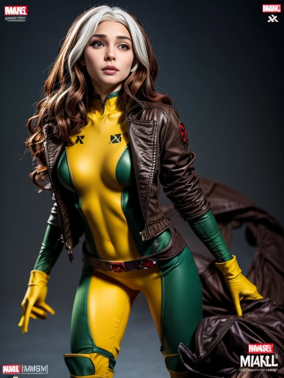 Emilia Clarke、masterpiece、High quality 4K、villain (X-Men)、Gothic Girl、Sculpted Body Gothic Makeup、Brown jacket、Yellow and green bodysuit、masterpiece、highest quality、Cowboy Shots、one personの女の子、one person、Technology Military Bodysuit、fringe