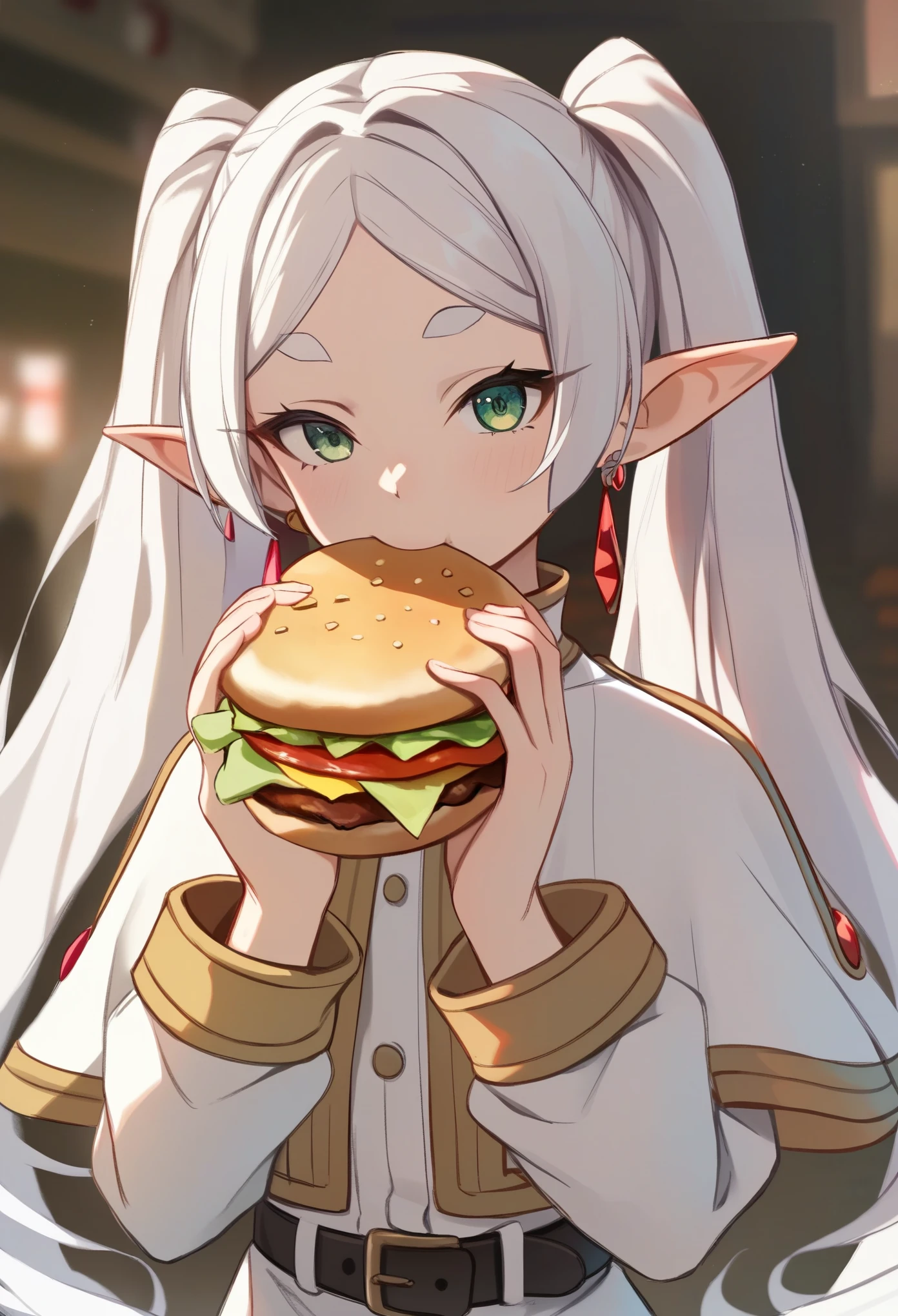 score_9, score_8_up, score_7_up, score_6_up, score_5_up, score_4_up, source_anime BREAK 1girl, jermaWhopper, eating, burger, looking at you, upper body, Frieren, green eyes, white hair, long hair, twintails, thick eyebrows, earrings, FrierenBase, green eyes, white hair, long hair, twintails, earrings, white capelet, striped shirt, long sleeves, belt, white skirt, medium skirt, black pantyhose, close pov view, anatomically correct