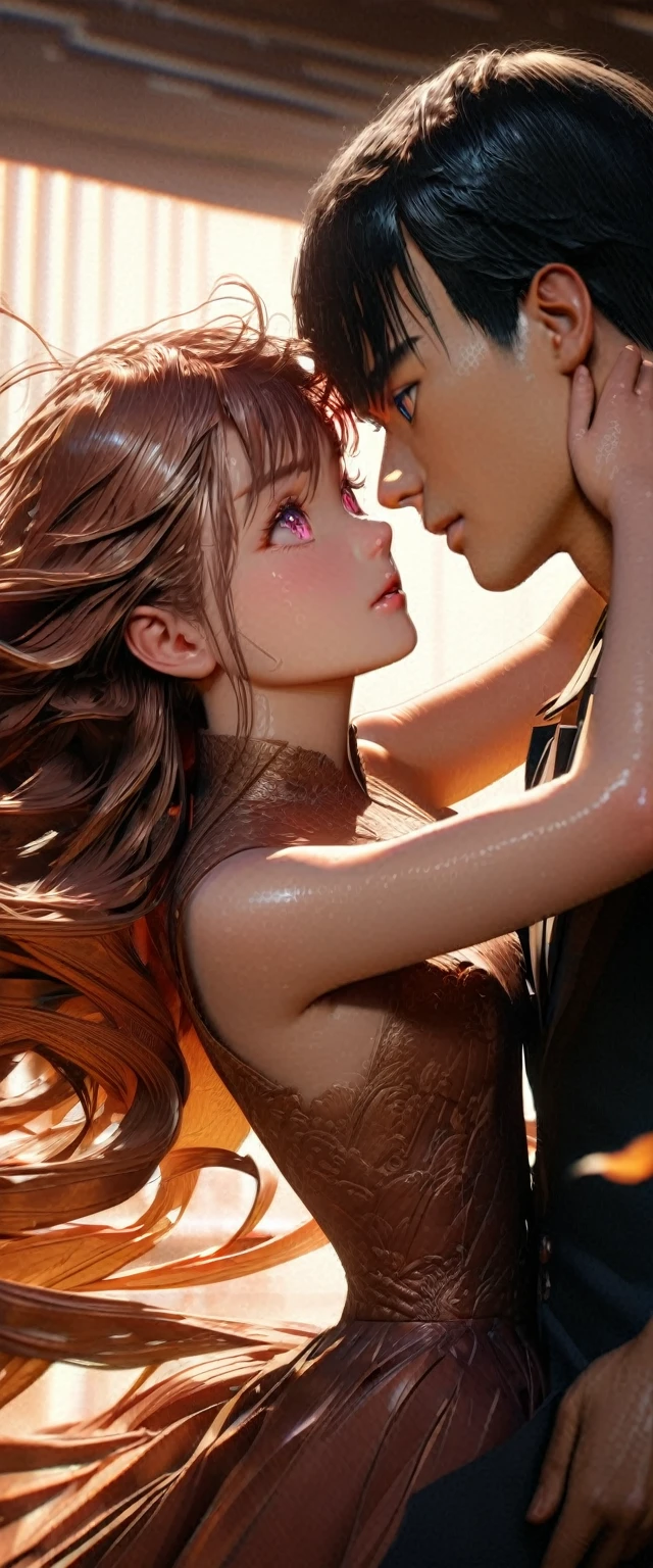 ((anime:1.5)),couple in love, photorealistic, 8k, highly detailed, cinematic lighting, romantic atmosphere, beautiful faces, intense eye contact, embracing, soft glowing skin, flowing hair, elegant poses, dramatic shadows, warm color palette, intricate details