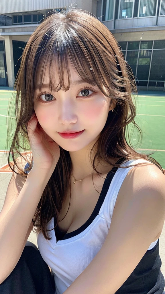 highest quality, shape, Very detailed, finely, High resolution, 8k wallpaper, Perfect dynamic shape, Beautiful and detailed, Summer clothes,Medium Hair,Natural color lip,smile,20-year-old girl、Midnight、Beautiful and elaborate face、Perfect and beautiful face、Slim face and figure,spread your arms wide,Big eyes,Take a photo with your face raised from below your knees、Small face、Beautifully detailed face、Perfect and beautiful double eyelids、Big cleavage、Long, slender legs、One Woman、gravure、Watching the audience、full body、Looking into the distance、basketball、Sportswear