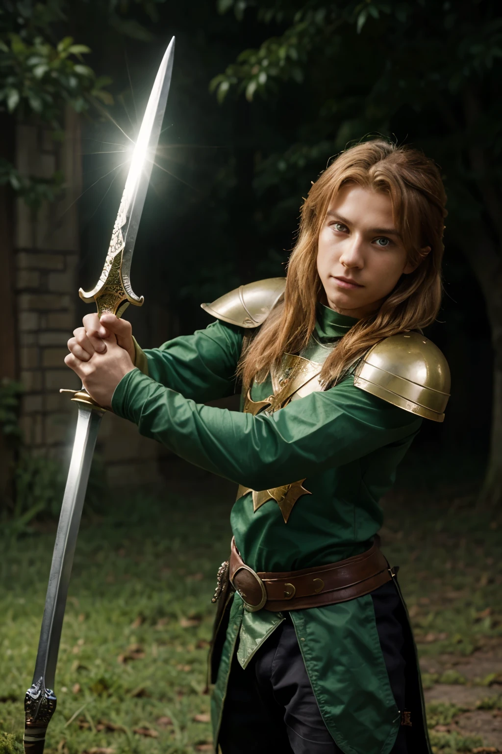 I want an illustration of a young, golden-haired knight wielding a sword and slaying a green goblin., con un estilo de dibujo tipo anime 2d