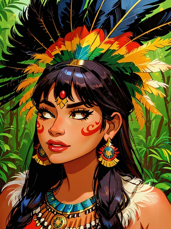 8k, digital painting, Comic Babes, feathered woman with feathers and headdress in a forest, Aztec princess portrait, Amazonian indigenous people in Brazil, portrait of a young Pocahontas girl, Amazonian, traditional beauty, Aztec queen, in oil painting style, pocahontas portrait, tribal face paintings, 4k color photo portrait, stunning digital painting, digital painting, girl with feathers