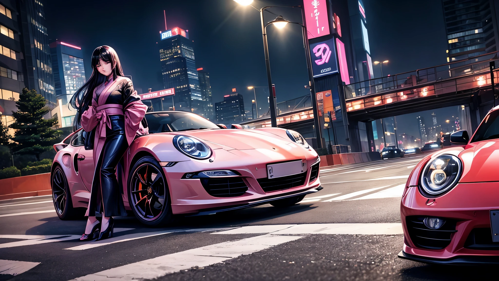 Beautiful Japanese woman with long black hair with pink highlights wearing modern bold clothes is leaning against her racing Porsche 911 in a city at night waiting for a new underground race, artificial lighting from streetlights, modern city, high definition, high resolution, details Intricate, dynamic composition, inspired by illegal night races