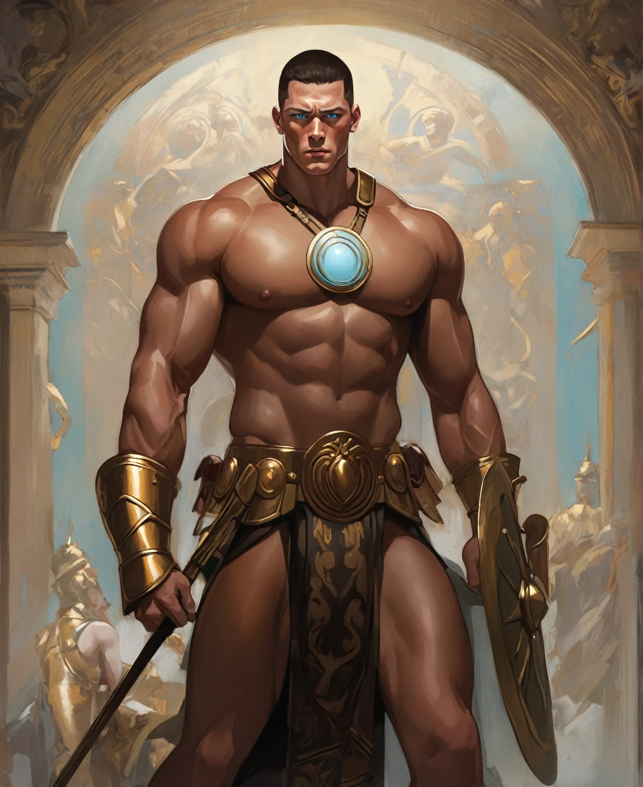 chiaroscuro technique on sensual illustration of an masculine, 26-year-old Italian male model, handsome Roman, (John Cena) he is the god of war, he is Ares, Mars, evil-looking, strong look, light blue eyes, strong jawline, dressed as a gladiator, ancient gladiator, male gladiator skirt, matte painting, by Harumi Hironaka, extremely soft colors, vibrant, pastel, highly detailed, digital artwork, high contrast, golden dramatic, refined, tonal, an intimate, seductive studio setting with a focus on sensuality and romance. Utilize soft, warm lighting that bathes the space in a gentle, inviting glow. Incorporate luxurious fabrics, plush furnishings, and a touch of decadence to evoke an opulent ambiance. The scene should exude an air of serenity and anticipation, inviting the viewer into a sensual and romantic space