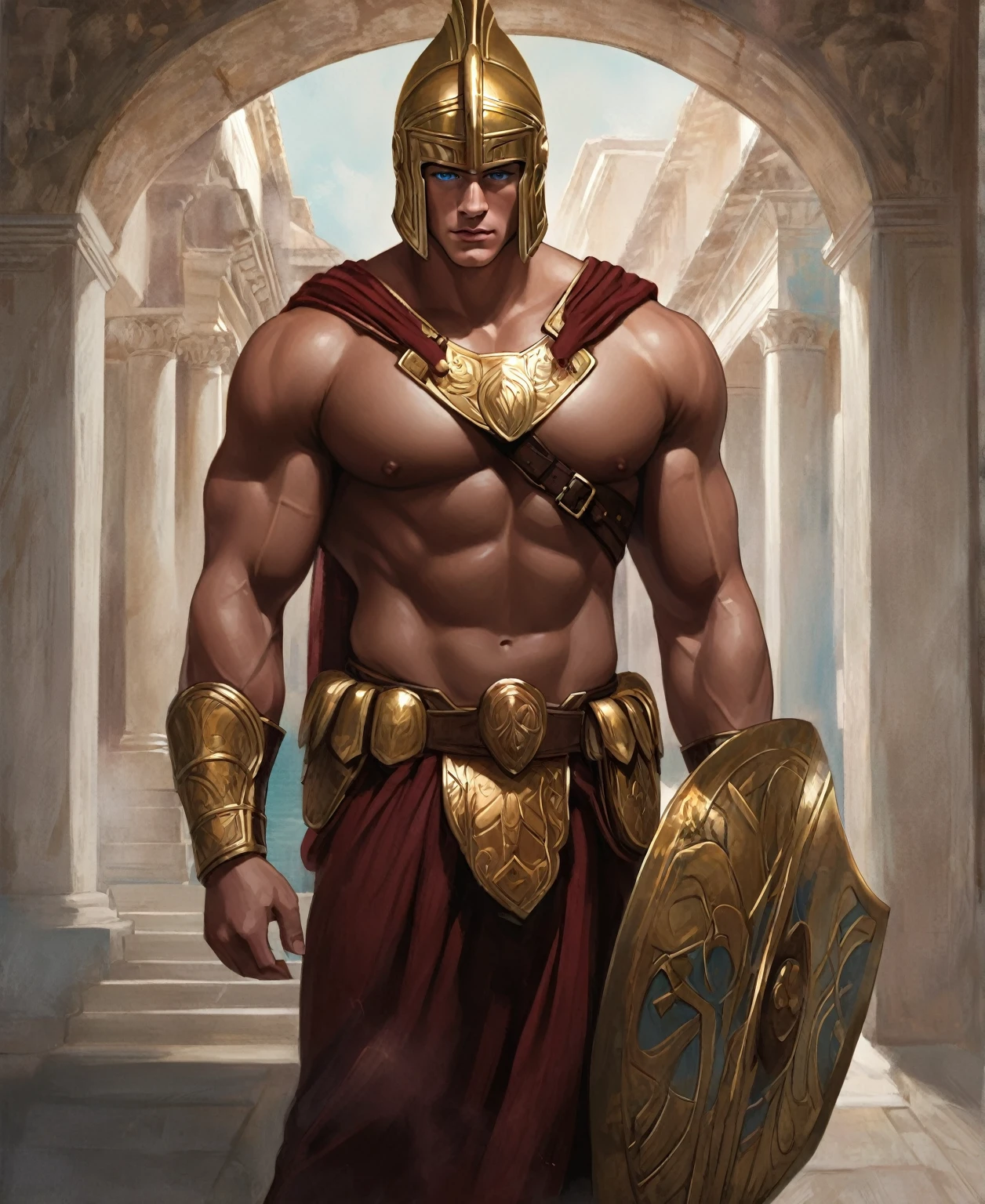 chiaroscuro technique on sensual illustration of an masculine, 26-year-old Italian male model, handsome Roman, (John Cena) he is the god of war, he is Ares, Mars, evil-looking, strong look, light blue eyes, strong jawline, dressed as a gladiator, ancient gladiator, male gladiator skirt, matte painting, by Harumi Hironaka, extremely soft colors, vibrant, pastel, highly detailed, digital artwork, high contrast, golden dramatic, refined, tonal, an intimate, seductive studio setting with a focus on sensuality and romance. Utilize soft, warm lighting that bathes the space in a gentle, inviting glow. Incorporate luxurious fabrics, plush furnishings, and a touch of decadence to evoke an opulent ambiance. The scene should exude an air of serenity and anticipation, inviting the viewer into a sensual and romantic space