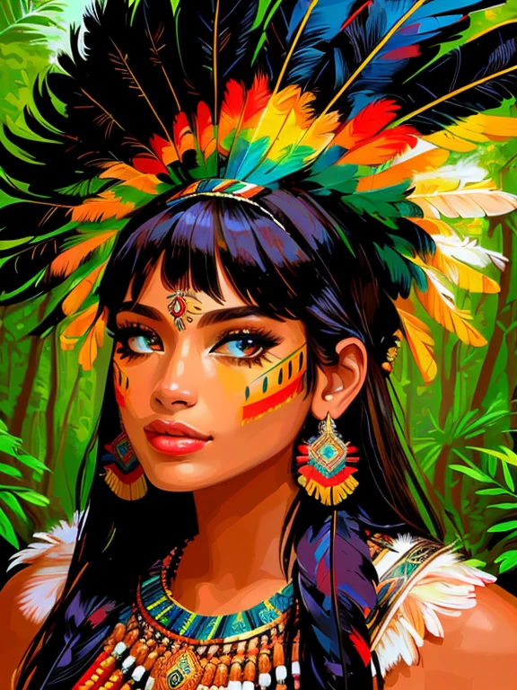 8k, digital painting, Comic Babes, feathered woman with feathers and headdress in a forest, Aztec princess portrait, Amazonian indigenous people in Brazil, portrait of a young Pocahontas girl, Amazonian, traditional beauty, Aztec queen, in oil painting style, pocahontas portrait, tribal face paintings, 4k color photo portrait, stunning digital painting, digital painting, girl with feathers