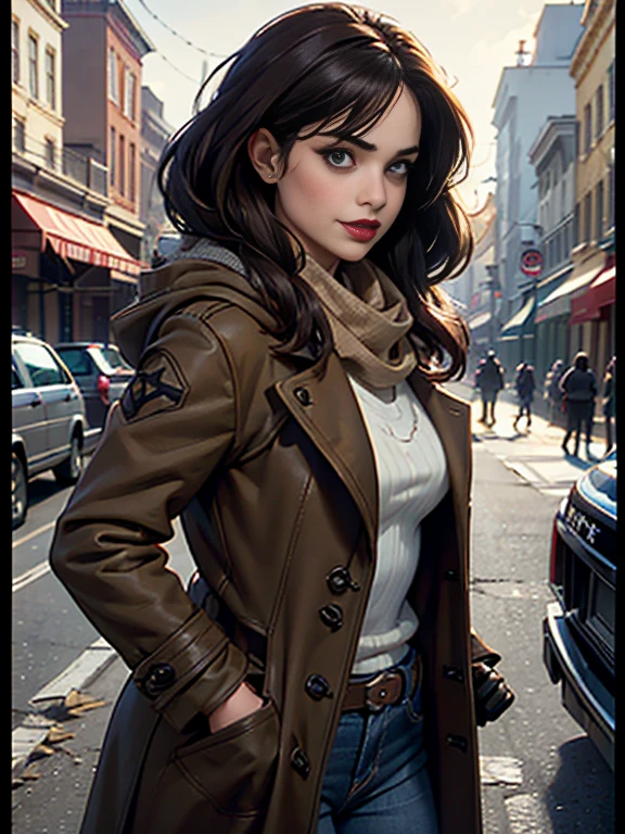 Krysten Ritter、(masterpiece:1.0)、(highest quality:1.2)、(Dark Shot:1.3)、Classic Rogue、1991 Rogue X-Men、1 girl、Only one person、Head to Toe、standing on street corner、Elegant pose、(clothing: Brown winter coat、Brown hood、Down lining、White scarf、gloves、jeans) Medium Hair、Brown Hair、Wavy Hair、1 grey hair、Green Eyeischievous look、Grin、Spread your lips、Red lipstick、Heavy makeup、Confident expression、Backlight、(realism: 1.5)、(realism: 1.4)、(Messy: 1.4)、8k、Very detailed、Detailed beautiful woman、(background: midnight、It's snowing、Downtown New York、Snowy Night)、Official Art、Very detailedな CG Unity 8k 壁紙、Perfect lighting、colorful、超High resolution、photograph、8k、High resolution、Kodak Portrait 400、Film Grain、ぼやけたbackground、(Bokeh:1.2)、(Bright colors:1.2)、Film Grain:1.2、(warm color、warm colorトーン:1.2)、(カラーphotograph)、プロのphotograph