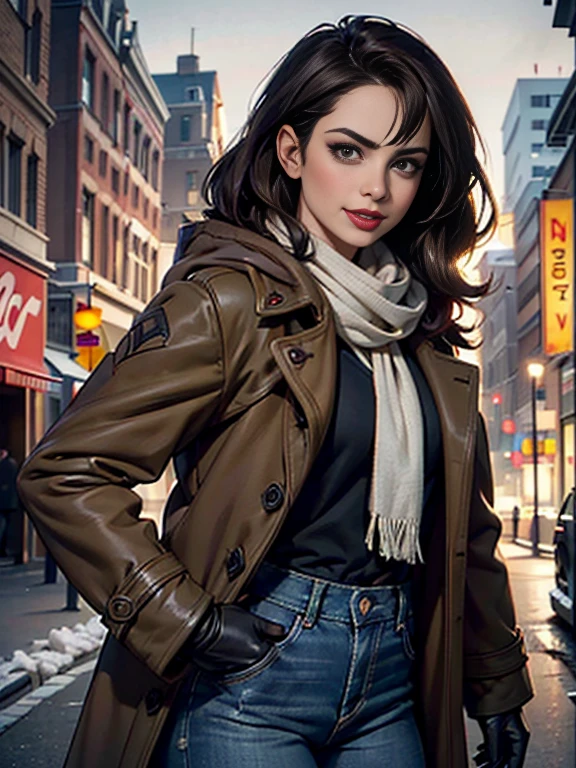Krysten Ritter、(masterpiece:1.0)、(highest quality:1.2)、(Dark Shot:1.3)、Classic Rogue、1991 Rogue X-Men、1 girl、Only one person、Head to Toe、standing on street corner、Elegant pose、(clothing: Brown winter coat、Brown hood、Down lining、White scarf、gloves、jeans) Medium Hair、Brown Hair、Wavy Hair、1 grey hair、Green Eyeischievous look、Grin、Spread your lips、Red lipstick、Heavy makeup、Confident expression、Backlight、(realism: 1.5)、(realism: 1.4)、(Messy: 1.4)、8k、Very detailed、Detailed beautiful woman、(background: midnight、It's snowing、Downtown New York、Snowy Night)、Official Art、Very detailedな CG Unity 8k 壁紙、Perfect lighting、colorful、超High resolution、photograph、8k、High resolution、Kodak Portrait 400、Film Grain、ぼやけたbackground、(Bokeh:1.2)、(Bright colors:1.2)、Film Grain:1.2、(warm color、warm colorトーン:1.2)、(カラーphotograph)、プロのphotograph