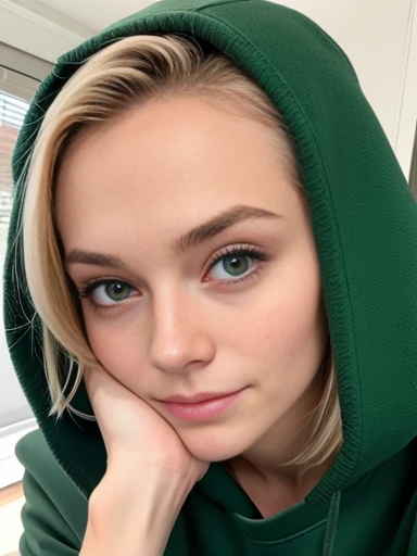 a jodie man green sweatshirt, focus on the face.