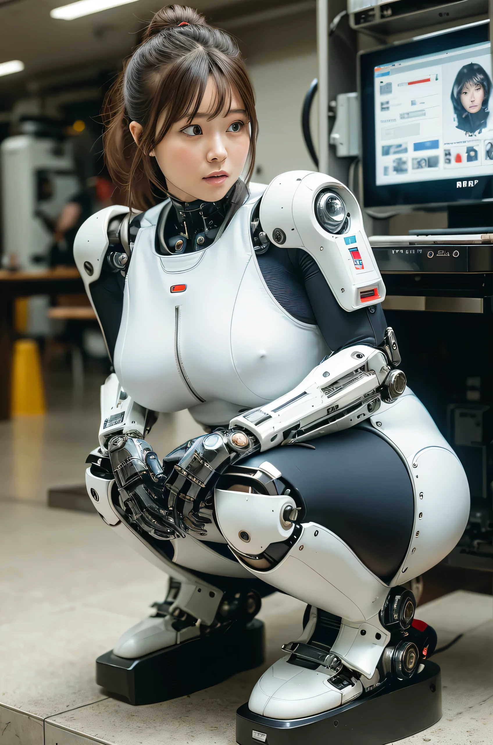 Best Quality,masterpiece,Japanese cyborg woman,Plump,a bit chubby,White boots,control panels,activate,Squat,android,droid,Mechanical Hand,White clothes, body suit,Taut_Clothes,medium breasts⁩,clothes with a sense of mechanical technology, Robot arms and legs, Black Robot Parts,tube dress,blue eyes