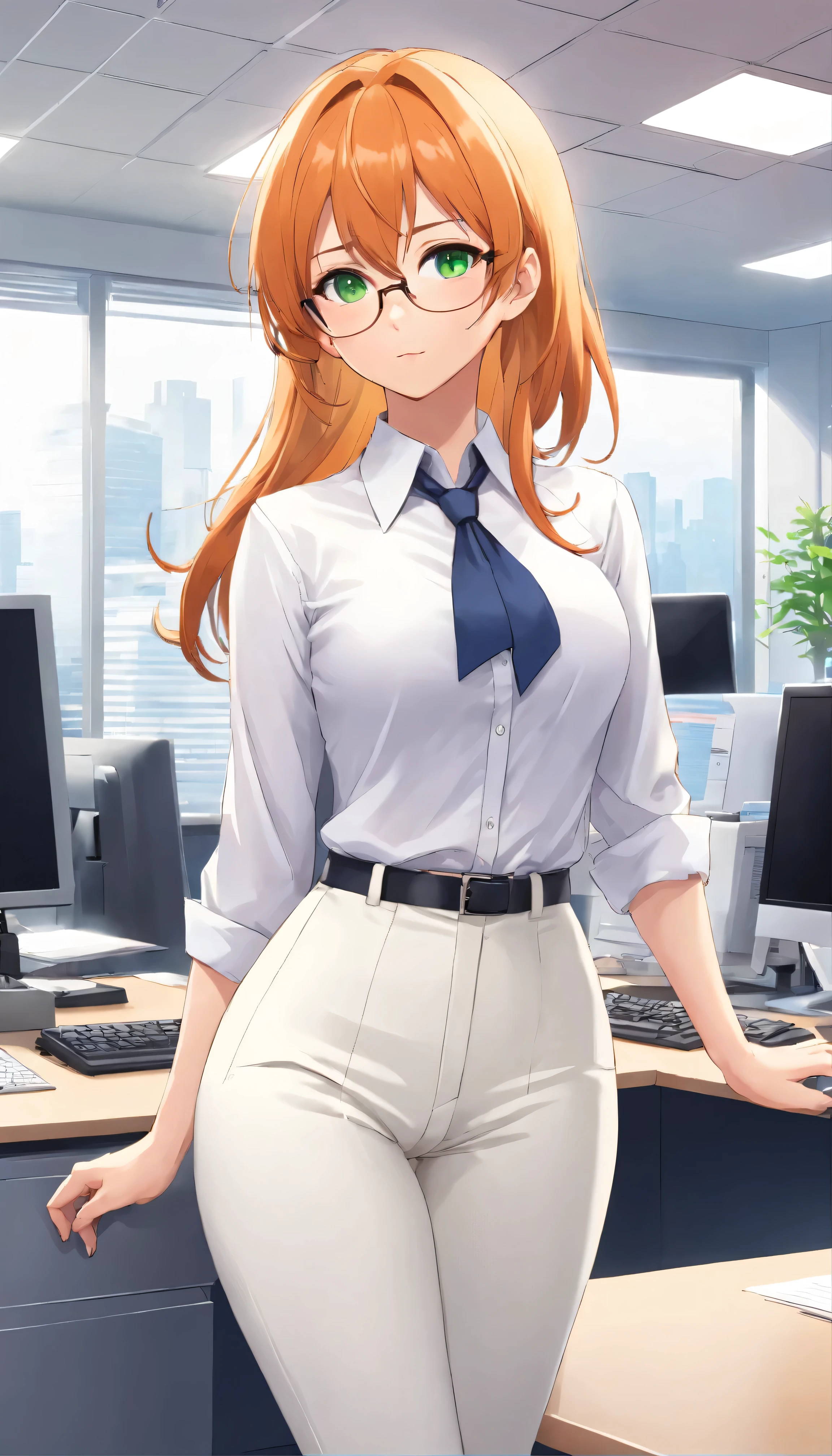 (masterpiece, Best quality), 8K, ultra detailed, realistic photo, Detailed face, perfect lighting, green eyes, bright orange hair, bright hair, fox ears, nice legs, side photo, beautiful, Cute, skin pores, 1 girl, stand in the office, hiking, Office pants, perfect shirt, fully dressed, beautiful women 30 years old, Beautiful proportions, Russian woman, Caucasian, European, Business lady, stunningly beautiful woman, mother, thick legs, show ass, big breasts, (Thin white shirt:1.4), thick, hot, (White Office Wear:1.4), tight pants, (wide hips:1.2), thick, (white Office pants:1.3), spread your legs, Legs open, full length, wide hips, Glasses