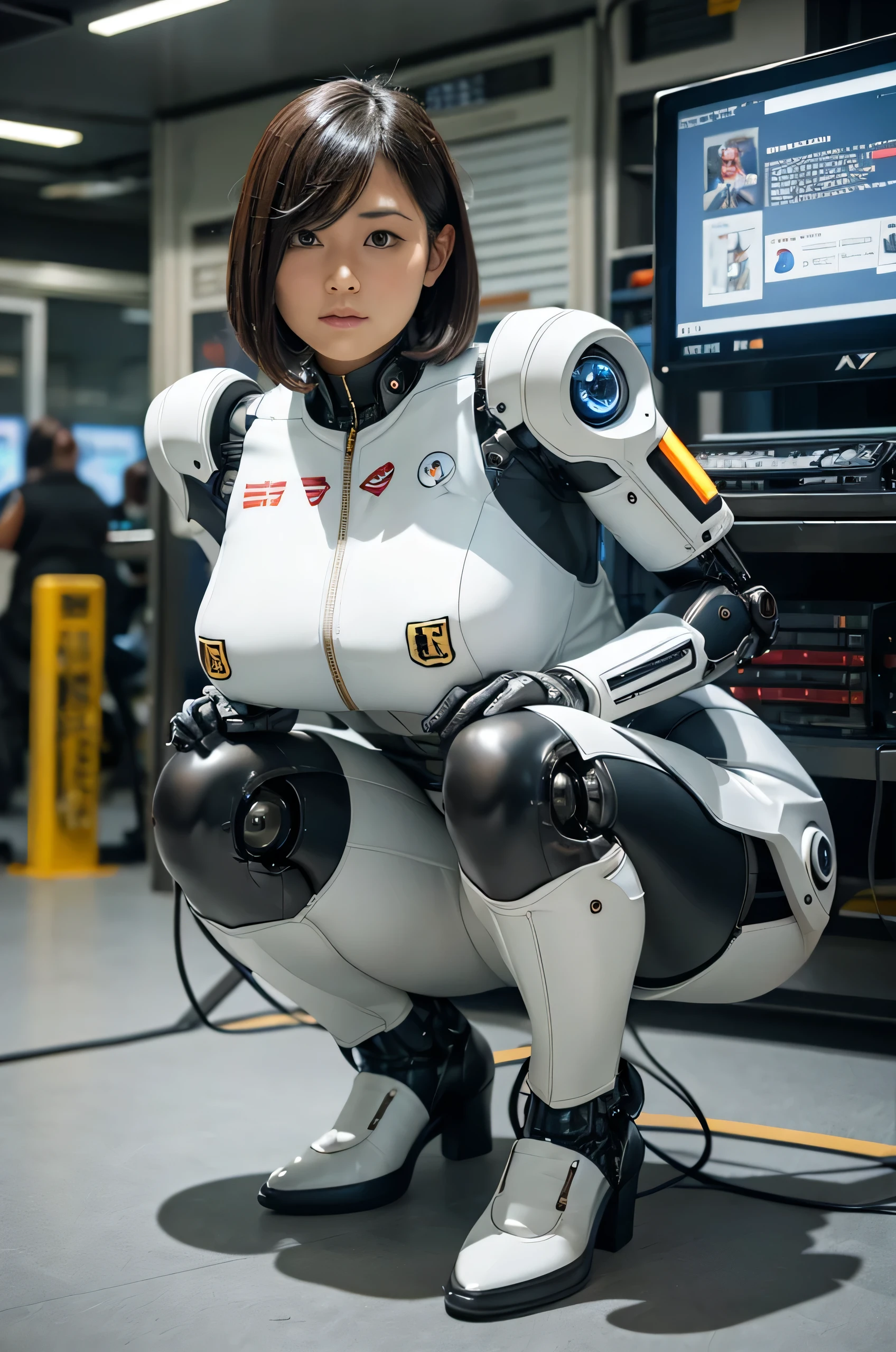 Best Quality,masterpiece,Japanese cyborg woman,Plump , White boots,announcer,control panels,activate,Squat,android,droid,Mechanical Hand,White clothes, body suit,Taut_Clothes,medium breasts⁩,clothes with a sense of mechanical technology, Robot arms and legs, Black Robot Parts,blac hair,Short hair,tube dress,blue eyes