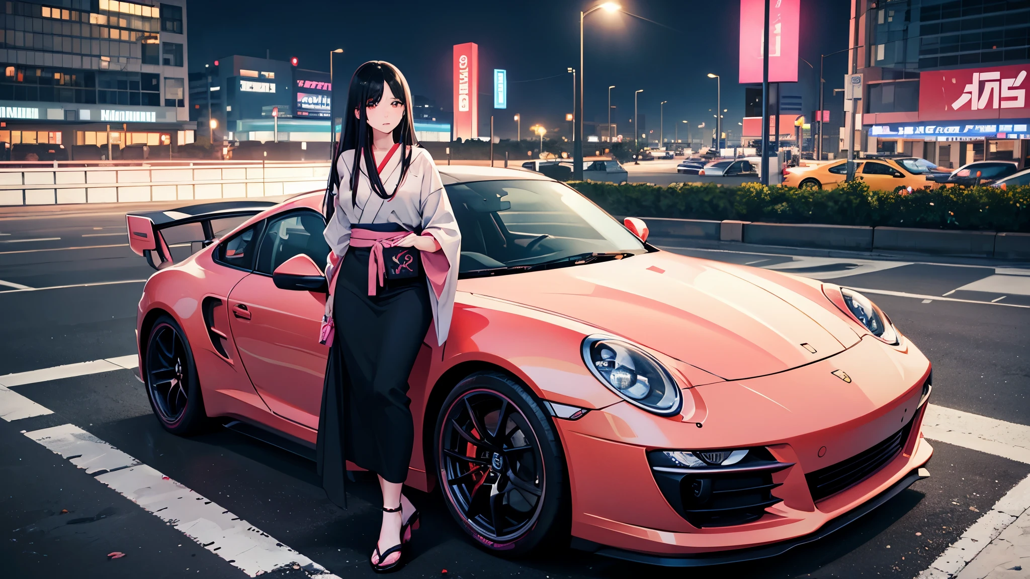Beautiful Japanese woman with long black hair with pink highlights wearing modern bold clothes is leaning against her racing Porsche 911 in a city at night waiting for a new underground race, artificial lighting from streetlights, modern city, high definition, high resolution, details Intricate, dynamic composition, inspired by illegal night races