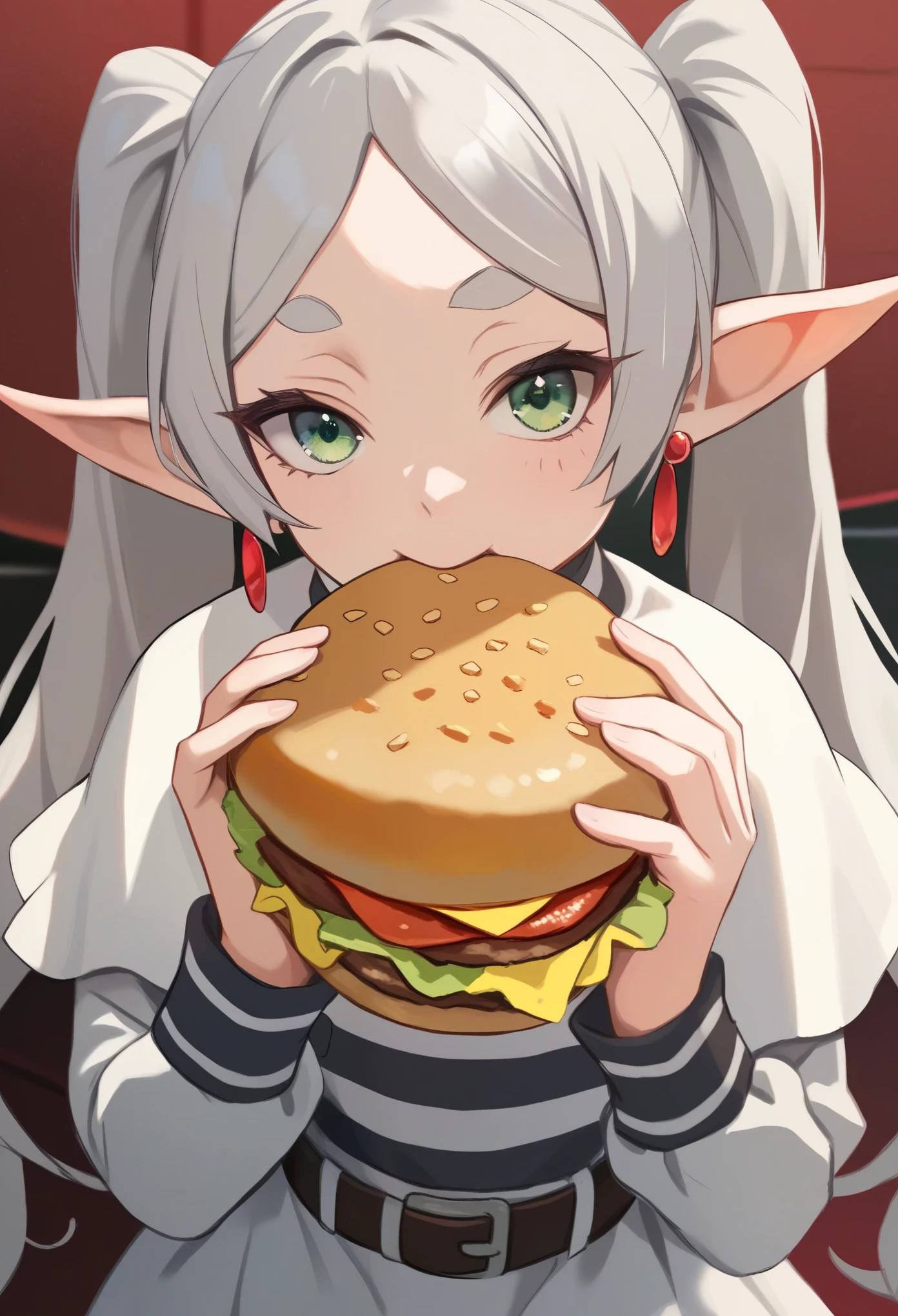 score_9, score_8_up, score_7_up, score_6_up, score_5_up, score_4_up, source_anime BREAK frieren, long hair, twintails, green eyes, detailed eyes, well-aligned eyes, grey hair, pointy ears, 1girl, solo, jermaWhopper, eating, burger, looking at you, upper body, thick eyebrows, earrings, green eyes, gray hair, long hair, twintails, earrings, white capelet, striped shirt, long sleeves, belt, white skirt, medium skirt, black pantyhose, close pov view, anatomically correct